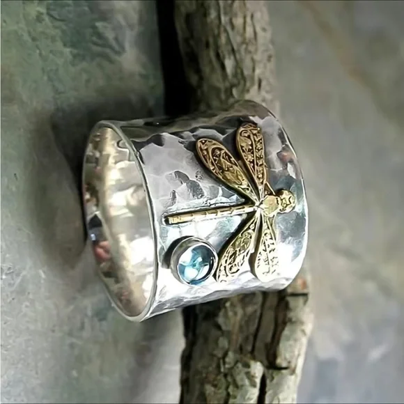 Dragonfly Ring Thumb Ring Silver Tone Hammered Look Unisex - Picture 6 of 13